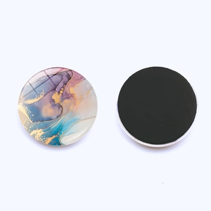 Front and back view of 30mm glass marble fridge magnet with purple and gold ink texture