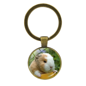 Detailed close-up of a vintage bronze guinea pig pendant keychain with glass dome art