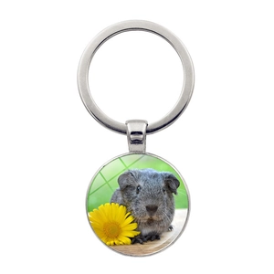 Detail of silver guinea pig keychain featuring a cute pet photo with yellow daisies