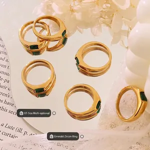French vintage ring with square emerald zircon in 18k gold plated stainless steel