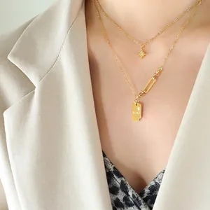 Collier double rang plaqué or 18K avec pendentif étoile et plaque gravée Bliss pour femme