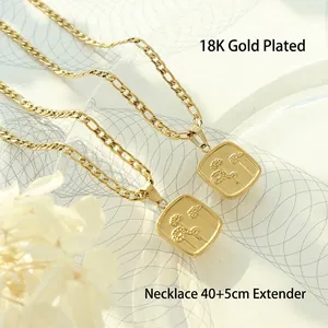 Collier vintage avec pendentif carré de pissenlit plaqué or 18 carats et chaîne Figaro