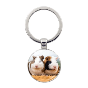 Silver metal keychain featuring a round glass pendant with two cute guinea pigs