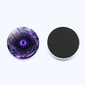 Detailed front and back view of 25mm galaxy nebula glass fridge magnets with magnetic backing