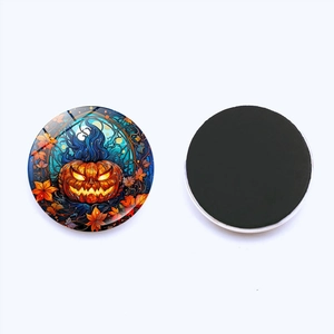 Macro detail of round Halloween pumpkin fridge magnet with strong magnetic backing