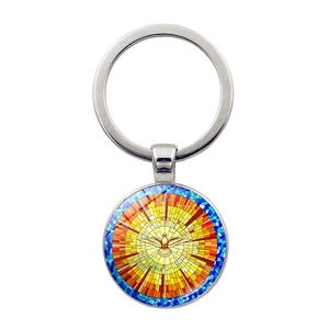 Porte-clés en métal argenté avec pendentif colombe style vitrail en mosaïque