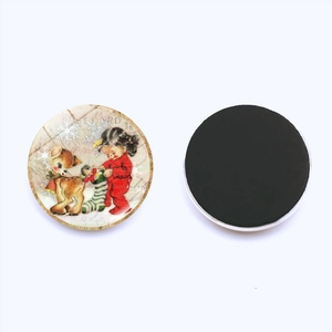 Set of two vintage Christmas 25mm glass fridge magnets with deer and girl illustrations