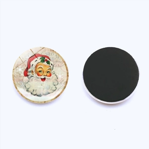 Christmas Santa Claus round glass fridge magnets with vintage postcard design and magnetic back