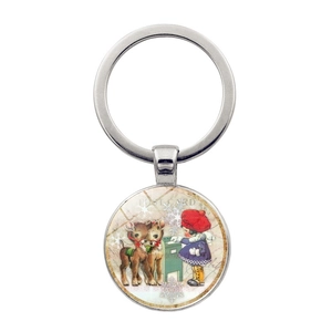 Portachiavi natalizio vintage con illustrazione di renne e ragazza in anello d'argento
