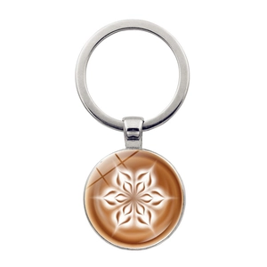 Silver coffee latte art keychain featuring a vintage brown cabochon glass pendant