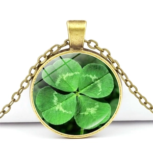 Vintage bronze lucky four leaf clover crystal glass pendant necklace with round bronze chain