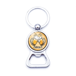 Detailed silver metal bottle opener keychain with Cheers beer mugs design on white back