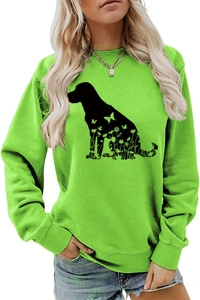 Détail du bord-côte et de la silhouette de chien fleurie sur sweat vert néon