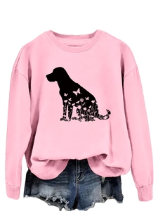Sweat rose à col rond avec silhouette de chien fleurie et short en jean stylé