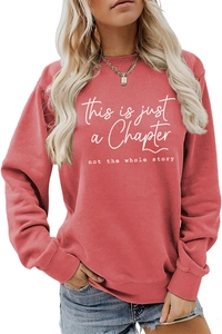 Detail of inspirational quote print on coral red loose sweatshirt for women