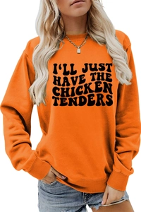 Detail of orange crewneck sweatshirt with vintage I'LL JUST HAVE THE CHICKEN TENDERS print