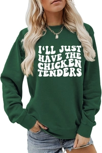 Close-up of ribbed cuffs and white text print on a dark green long sleeve sweatshirt
