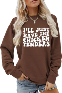 Detailed texture of dark brown crewneck sweatshirt with white printed chicken quote