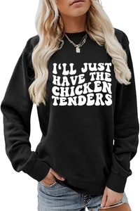 Detail of white graphic lettering on black long-sleeve crewneck sweatshirt for women