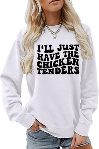 Close-up of white crew neck sweatshirt featuring bold black chicken tenders text print
