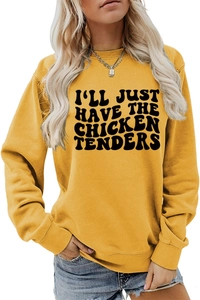 Detail of ribbed cuffs and text print on yellow crewneck chicken tender sweatshirt