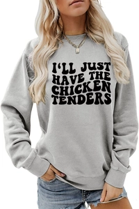 Close-up of light gray crewneck sweatshirt with retro black letter print design