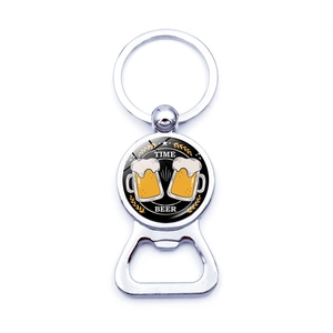 Detailed view of silver metal keychain bottle opener with TIME BEER beer mugs illustration