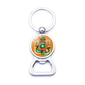 Close-up of polished metal Oktoberfest bottle opener keychain with cartoon sausage design