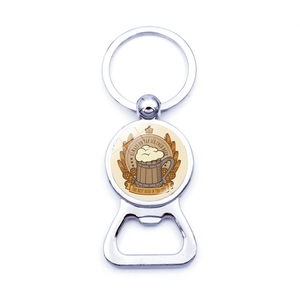 Polished silver metal beer bottle opener keychain with retro draft beer design
