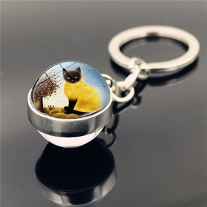 Macro detail of high-transparency glass ball keychain with Siamese cat image and metal ring