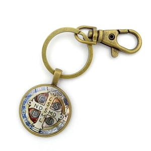 Vintage bronze Saint Benedict Medal keychain with glass cabochon pendant and lobster clasp