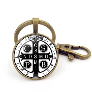 Vintage bronze St. Benedict Medal keychain with lobster clasp and round religious pendant