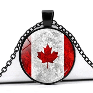 Canada Flag Maple Leaf Glass Cabochon Pendant Necklace Retro Zinc Alloy Black Chain Jewelry For Unisex Daily Wear Travel