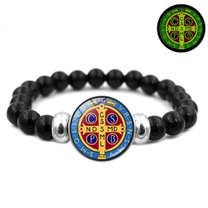 Luminous Saint Benedict medal bracelet with black elastic beads and religious glass charm