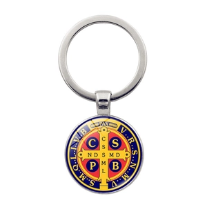 Saint Benedict Medal keychain with red and blue religious pendant on silver ring
