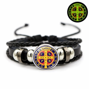 Saint Benedict Medal leather braided bracelet with religious cross charm in black