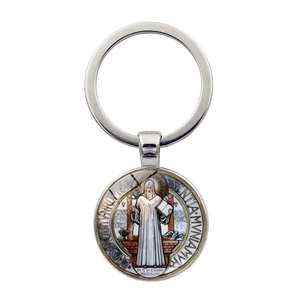 Saint Benedict medal keychain with silver metal religious pendant and glass dome charm
