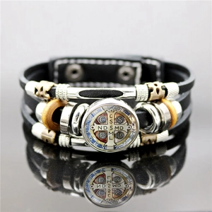Luminous Saint Benedict Medal multilayer leather bracelet with retro punk beaded wristband