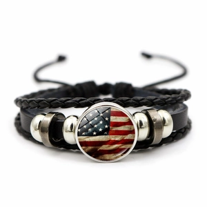 Vintage braided leather bracelet with USA flag glass dome and adjustable pull string cord