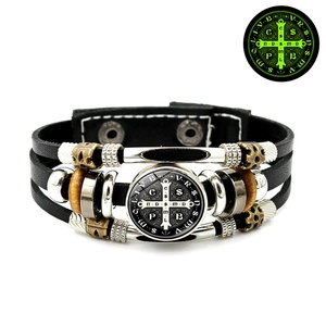 Luminous St. Benedict Medal leather bracelet with multi-layer vintage braided design