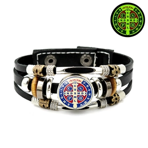 Luminous Saint Benedict Medal leather bracelet with retro beads and snap button closure