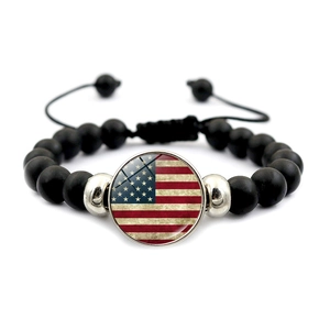 Vintage American Flag Beaded Bracelet Adjustable Black Matte Beads USA Patriotic Men Women Jewelry Glass Dome Flag Wristband