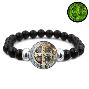 Religious St Benedict Medal Beaded Bracelet For Men Women Black Resin Glass Beads Protection Amulet Glow In The Dark Elastic Jewelry
