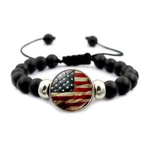 Vintage USA flag beaded bracelet with black matte beads and adjustable woven cord