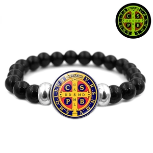 Luminous Saint Benedict Medal bracelet with black beads and glow-in-the-dark feature