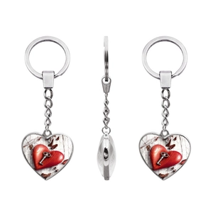 Double Sided Heart Keychain Vintage Key Pattern Zinc Alloy Glass Heart Pendant Key Ring For Women Romantic Gift Jewelry