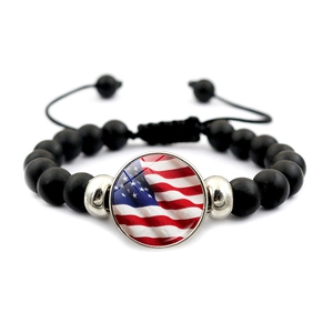 Vintage US flag beaded bracelet with black matte beads and adjustable cord pull