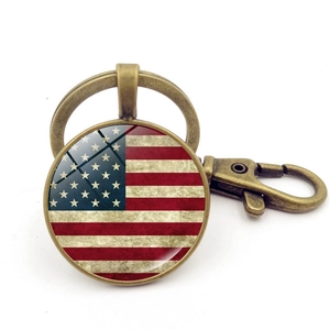 Porte-Clés Drapeau Américain Rétro Alliage De Zinc Cabochon En Verre USA Étoiles Et Rayures Anneau De Clé Cadeau Patriotique