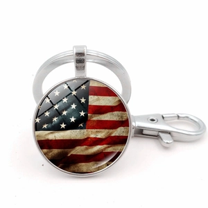 Porte-clés drapeau américain vintage avec pendentif rond argenté et mousqueton