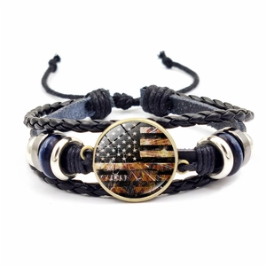 Vintage USA flag multilayer braided leather bracelet for men and women with adjustable cord